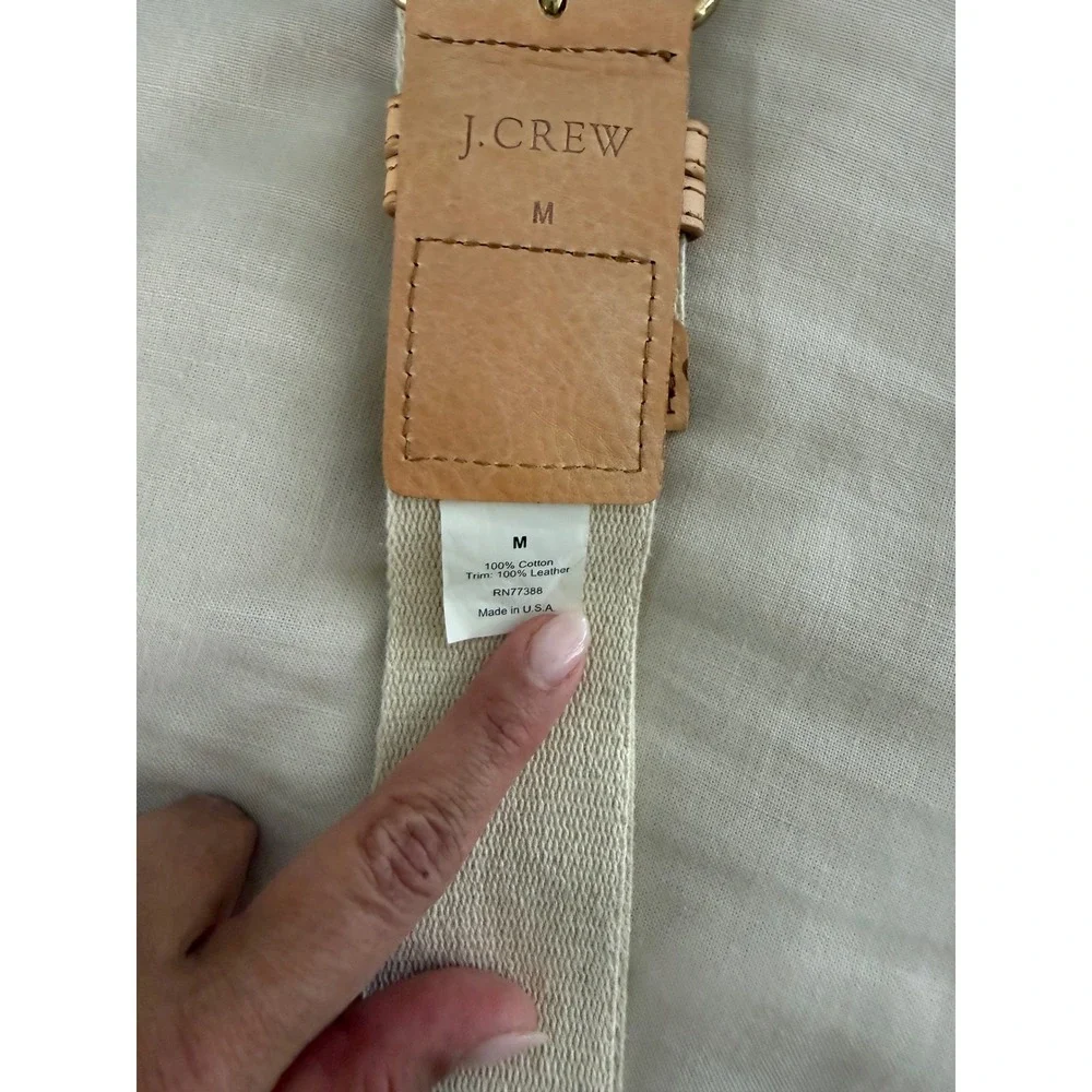 J Crew Canvas Belt M‎ Ivory Leather Trim Brass Buckle Coastal Preppy USA